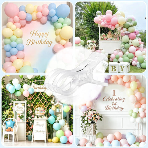 Top Notch Balloon Arch Kit With 10 Clear Spring Clamps And Everything You Need Plus 100 Long Balloons, Tape Strip, And Adhesive Dots For Epic Party Decor Make Your Next Bash A Total Banger clear plastic clamp for pastel balloon arch setup at birthday party