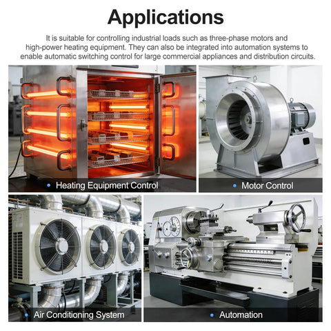 Industrial applications for magnetic contactor including heating equipment, motor control, air conditioning, and automation setup.