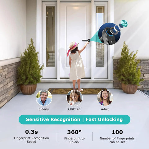Child unlocking door with Smart Lock Fingerprint Door Lock With App Control No Fuss And 5 In 1 Keyless Entry installed on front door.