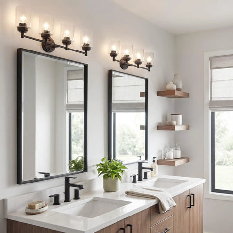 Four Light Vanity Light In Olde Bronze With Clear Seeded Glass For Above Bathroom Mirror, transitional style fixture, installed above double sink.