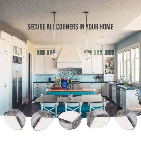 24 Pack Ultra Clear Corner Guards With Pre Applied Adhesive, shown in modern kitchen setting with table edge protection