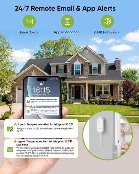 WiFi Freezer Thermometer Alarm With Digital Monitor Hub, App And Email Alerts, 2 Year Data Export, No Subscription Fee, 2 Remote Temperature Sensors For Home Refrigerator And Freezer showing app alerts