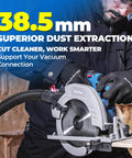 Heavy Duty Brushless Cordless Circular Saw With Twenty Volt Max Motor Cuts Lumber Like A Boss in use with dust extraction.