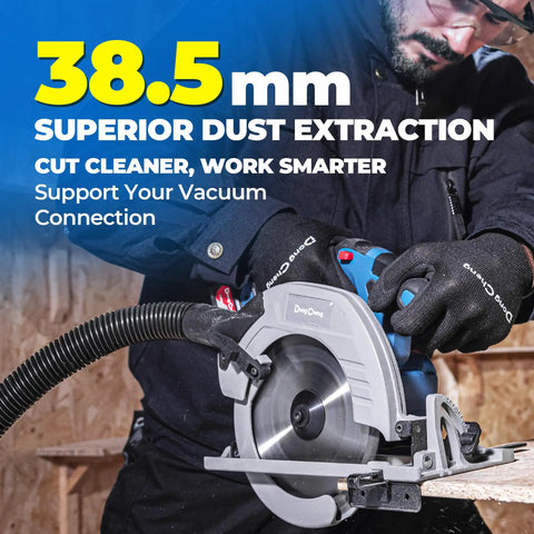 Heavy Duty Brushless Cordless Circular Saw With Twenty Volt Max Motor Cuts Lumber Like A Boss in use with dust extraction.