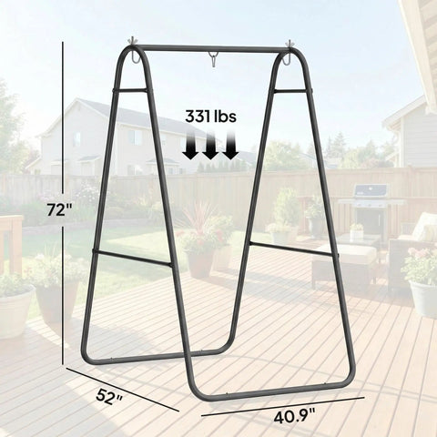 Heavy Duty Steel A Frame Hammock Chair Stand for Hanging Hammocks, Rock Solid 330 Lb Weight Capacity, All Weather Powder Coated Black Indoor Outdoor Porch Swing Stand on patio.