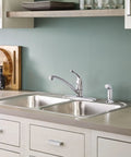 Low Arc Chrome Kitchen Faucet With Side Sprayer And Pull Out Spray Head, Single Handle, 4 Hole Mount on double sink