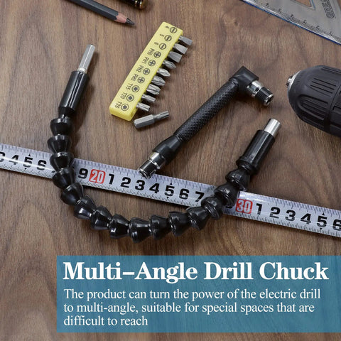 90 Degree Right Angle Driver Extension Kit With 11.6 Inch Bendable Soft Shaft Includes 1 Flexible Bit 1 Right Angle Bit And 10 Screwdriver Bits For Tight Spaces Power Drill Extension Set Pack Of 12 displayed with ruler and pencil on wooden surface