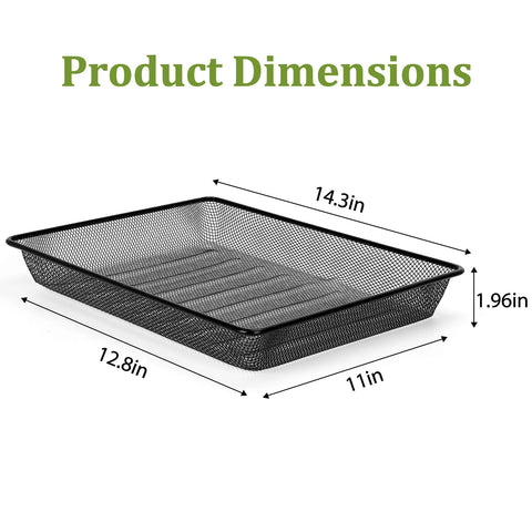 Black metal mesh desk paper tray organizer, rectangular shallow office storage basket