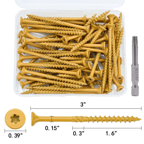 Size 10 Deck Screws 3 Inch 50 Pack With Self Drilling Tip No Pre Drill Needed Pro Grade Serrated Threads Rust Resistant Torx Star Drive Self Tapping Point Dampening Knurled Outdoor Wood Screws T25 Bit Included In Portable Plastic Box