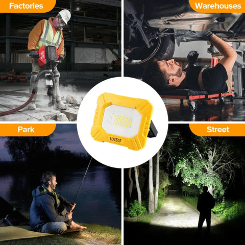 Collage showing 3500 Lumen Rechargeable Magnetic Work Light With Stand Portable 5000K Flood Light used in different settings.