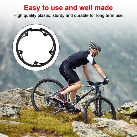 Bike Chain Guard Protector For Mountain City And Road Bikes Durable Plastic Shield With 5 Holes And 48 Teeth on display with cyclist