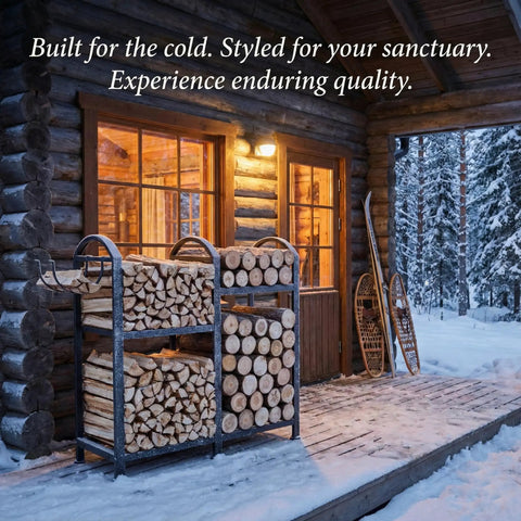 Heavy Duty 31 Inch Firewood Rack With Hooks 2-Tier Log Holder For Indoor Or Outdoor Use by a snowy cabin