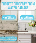 Comparison of kitchen wall with and without Waterproof Shower Membrane Strip 5 Inch by 98.5 Feet, 4 Mils Thick Tile Underlayment Membrane