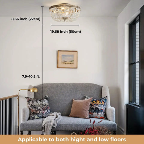 Room with ceiling light fixture, sofa, and decorations, showcasing height of ceiling 8.66-19.68 inches. Text reads 'Applicable to both high and low floors'.