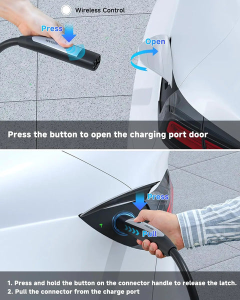 Dual Level 1 And Level 2 EV Charger For Tesla With NACS Connector demonstrating cable insertion into charging port.