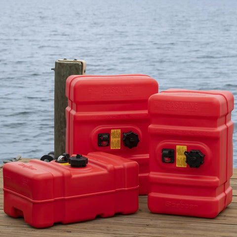 Portable 12 Gallon Marine Gas Can With Built In Fuel Gauge And Pick Up Cap 2 Way Vented Cap Easy To Carry Handles EPA And CARB Compliant Large Capacity Boat Fuel Tank For Outboard Motors displayed on dock with two similar cans in the background.