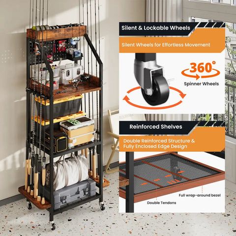 Three-Tier Fishing Rod Rack With Pegboard Hooks And Wooden Top Box, Rolling Garage Storage Organizer That Holds 12 Rods