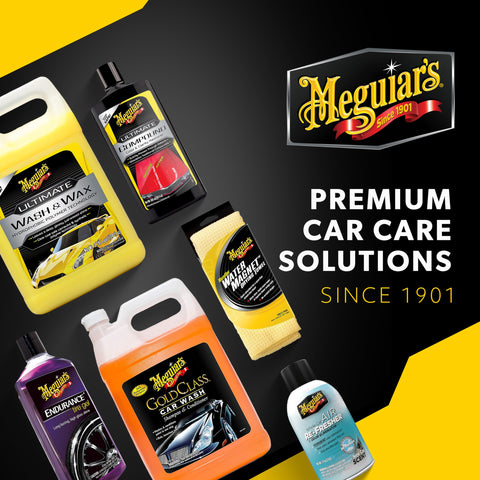 Meguiar's premium car care solutions product display with various bottles against a black and yellow background.