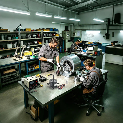 Heavy Duty 1/2 Hp 4 Speed Blower Fan Motor Compatible With Goodman Furnace Replacement 0131F00042 115V 1130 Rpm 7A HVAC Blower Motor being assembled in a workshop.