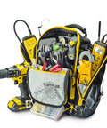 Durable One Strap Bag System With Removable Tool Organizer, showing tools, water resistant fabric, elevated base in use.