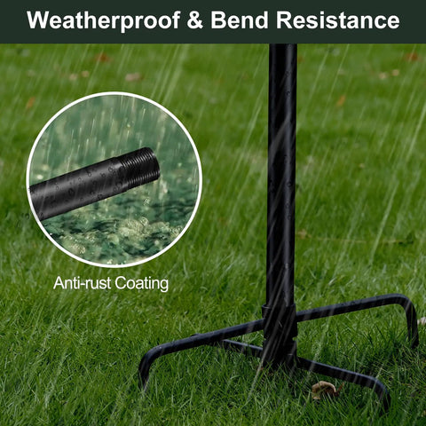 Outdoor String Light Poles 2 Pack 8.5 Ft Heavy Duty Metal Posts With 5 Prong Base and Spiral Ground Anchor under rain, showing durability