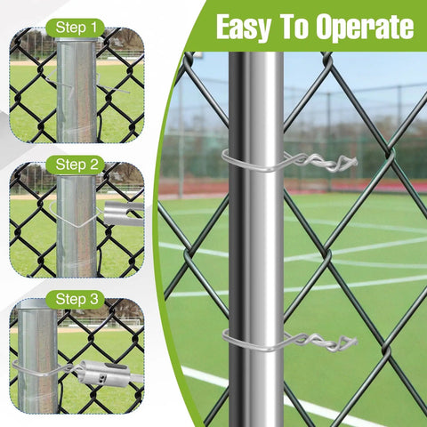 T Post Clips For Wire Fencing Kit With 500 Pcs Ez Twist Fence Ties And Free Drill Chuck Tool, 11 Gauge Galvanized Steel T Post Clips For Chain Link Fence Installation In Garden And Farm, showing installation steps.
