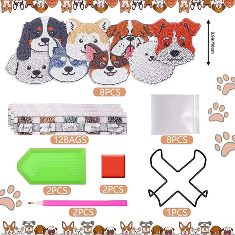 Dog Shaped Diamond Painting Coasters Kit With Holder For Drinks 8 Pieces DIY Diamond Art Coasters For Beginners And Adults Includes Diamonds Glue Pens Trays And Holder