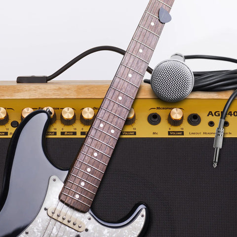 40W Electric Guitar Amp With 8-Inch 4-Ohm Speaker, Custom EQ, guitar and mic shown with control panel
