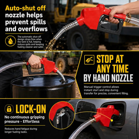 Auto shut-off nozzle for Heavy Duty Diesel Fuel Transfer Pump Handling 17 Gallons Per Minute With A Beefy 380W Motor.