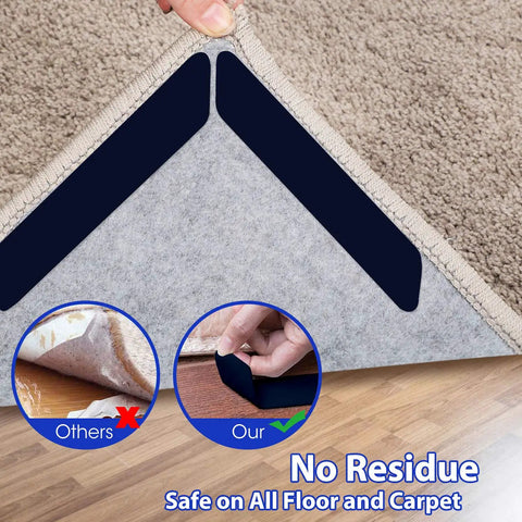 16 Piece Rug Tape Kit Dual Sided Washable Removable Non Slip Adhesive Rug Stopper Keeps Rugs Put In Place On Hardwood Floors And Tile Prevents Curling And Slipping For Pets And Busy Living Rooms with close-up of rug corner secured