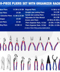 20 Piece Pliers Set With Dual Organizer Racks for home garage and DIY projects, showing various pliers with dimensions listed.