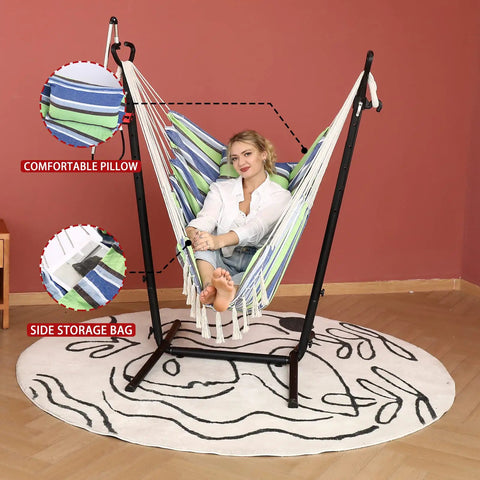 Bohemian Hammock Chair With Stand For Indoor Outdoor Relaxation, Double Swing Chair With Tassels, on round mat in room