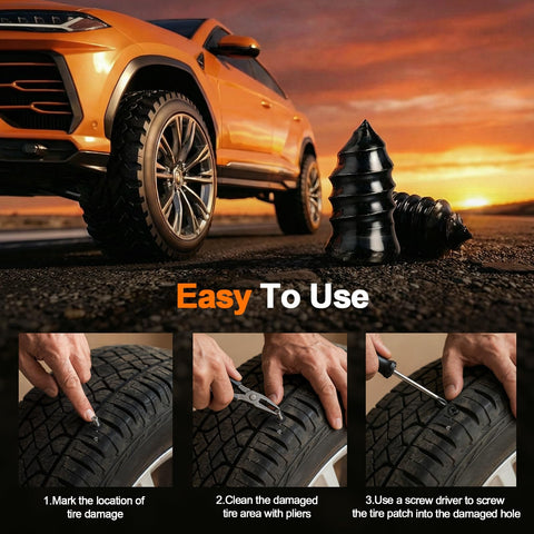 Car by sunset with 30 Pcs Tire Plugs Screw Type Emergency Tire Repair Kit in use for sealing flat tire leak.