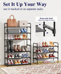 Entryway Shoe Rack With Mad Capacity, Space Saving Front Door Organizer showing two stackable units with diverse shoes