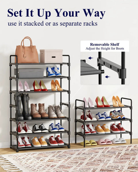 Entryway Shoe Rack With Mad Capacity, Space Saving Front Door Organizer showing two stackable units with diverse shoes