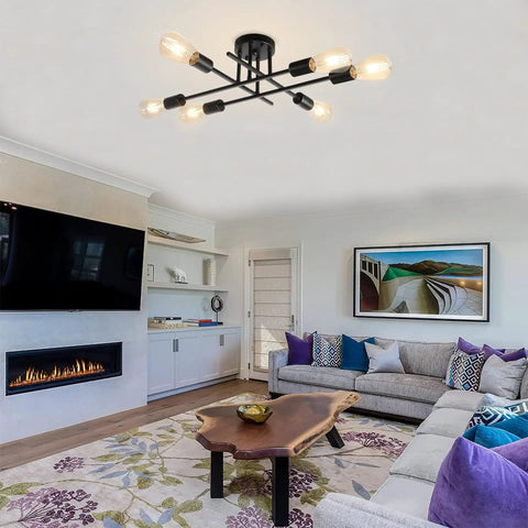 6 Lights Semi Flush Mount Modern Ceiling Light Fixture With Industrial Black Metal Sputnik Chandelier in living room