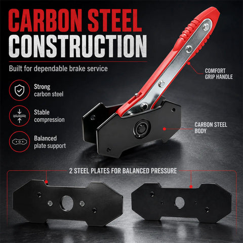 Ratcheting Brake Caliper Piston Compressor And Drum Brake Spring Installer Tool Kit showing carbon steel construction details