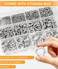 Massive 1000 Pieces Spring Lock Washers Set In 304 Stainless Steel Nine SAE Sizes From M2 To M12 Split Lock Washers For Screws And Bolts Corrosion Resistant DIY Auto Marine Hardware Kit in storage box