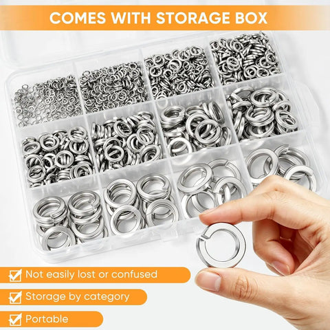 Massive 1000 Pieces Spring Lock Washers Set In 304 Stainless Steel Nine SAE Sizes From M2 To M12 Split Lock Washers For Screws And Bolts Corrosion Resistant DIY Auto Marine Hardware Kit in storage box