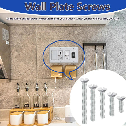 Heavy Duty White Wall Plate Screws 120 Piece Assortment Kit Featuring Durable 6 32 Thread Outlet Replacement and Switch Cover Panel Fasteners in use.
