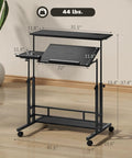 Level Up Your Daily Grind With This Electric Adjustable Standing Desk Featuring A Built In Power Hub With Dual Usb Ports And A Roll Away Storage Shelf In Sleek Black Finish with measurements.