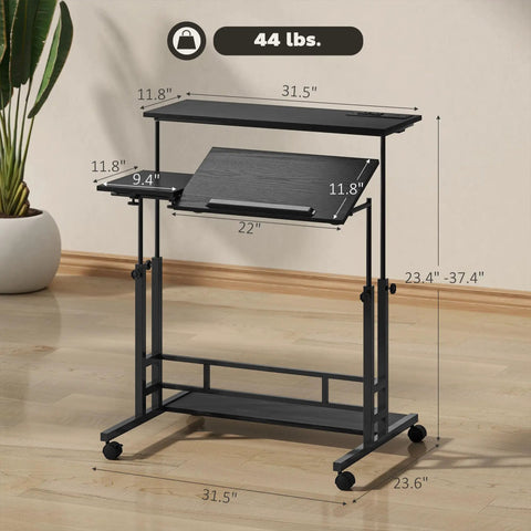 Level Up Your Daily Grind With This Electric Adjustable Standing Desk Featuring A Built In Power Hub With Dual Usb Ports And A Roll Away Storage Shelf In Sleek Black Finish with measurements.