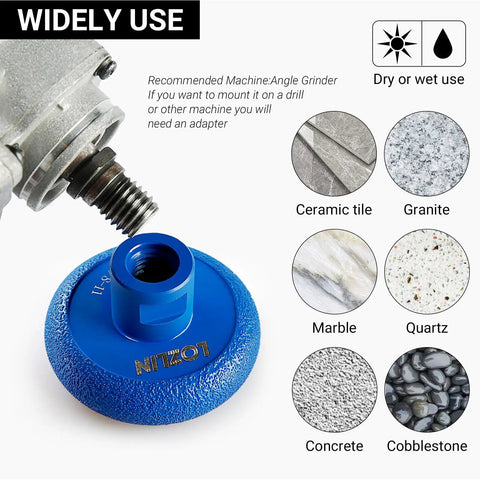 Pro Grade Diamond Trimming Wheel Set For Marble And Quartz Grooving On Angle Grinder Dual Cylindrical Grinding Wheels 74mm Tall With 10mm And 20mm Widths And 5 By 11 Thread Mount shown on grinder for various materials.