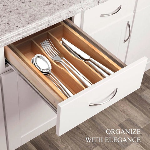 Compact Bamboo Kitchen Drawer Organizer Grooved Slots Keep Silverware Utensils Flatware in a sleek drawer setup.