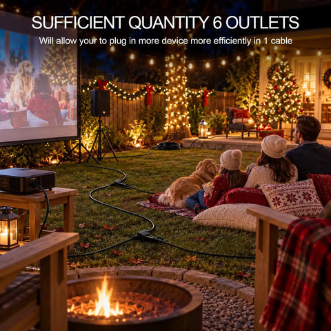 Badass 25 Foot Heavy Duty Outdoor Extension Cord Featuring Six Perfectly Spaced Power Outlets And Sleek Black Waterproof Jacket used for outdoor movie night.