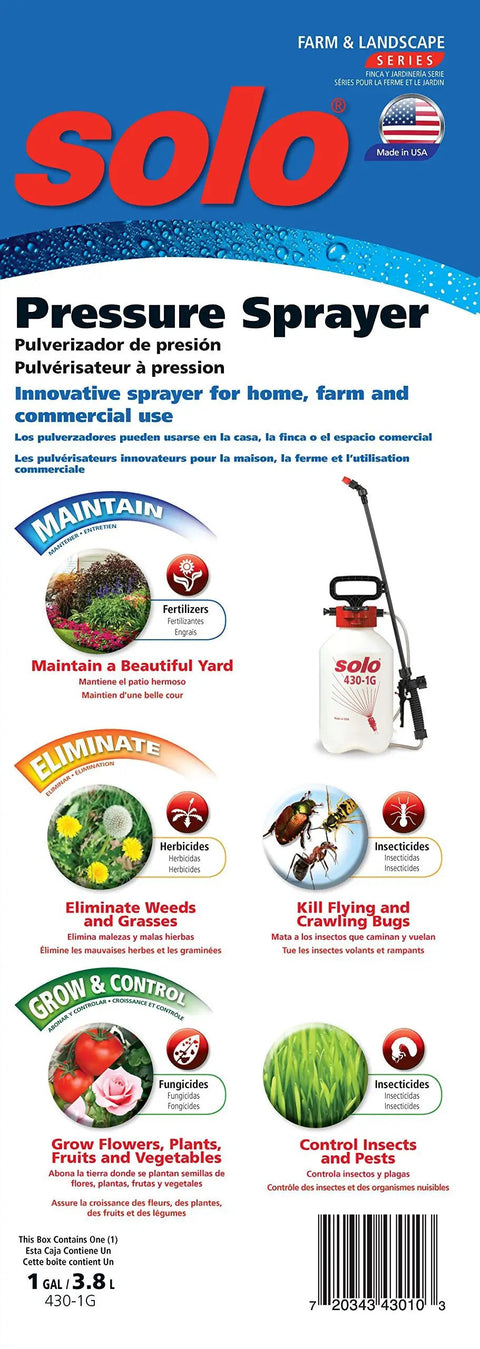 1-Gallon Handheld Farm and Garden Sprayer With Easy Fill Funnel Top And Large Secondary Opening packaging showing uses