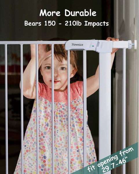Child standing behind extra wide baby gate for stairs and doorways, auto close, walk through, pressure or hardware mounted, 30 inch