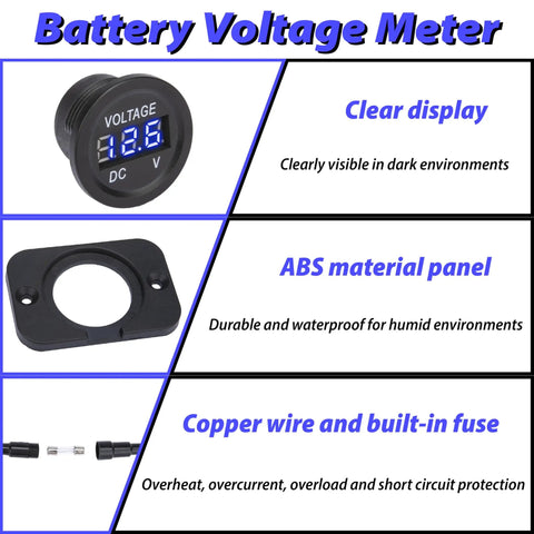 Car Battery Voltage Meter 12V 24V Digital Volt Gauge, black ABS panel, blue LED display, copper wire and fuse