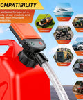 Slick Battery Powered Fuel Transfer Pump With Auto Stop Sensor For Spill Free Gas Moving, close-up of hose and control switch on fuel can.