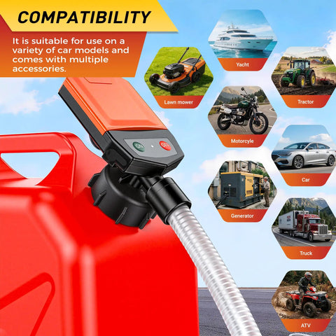 Slick Battery Powered Fuel Transfer Pump With Auto Stop Sensor For Spill Free Gas Moving, close-up of hose and control switch on fuel can.